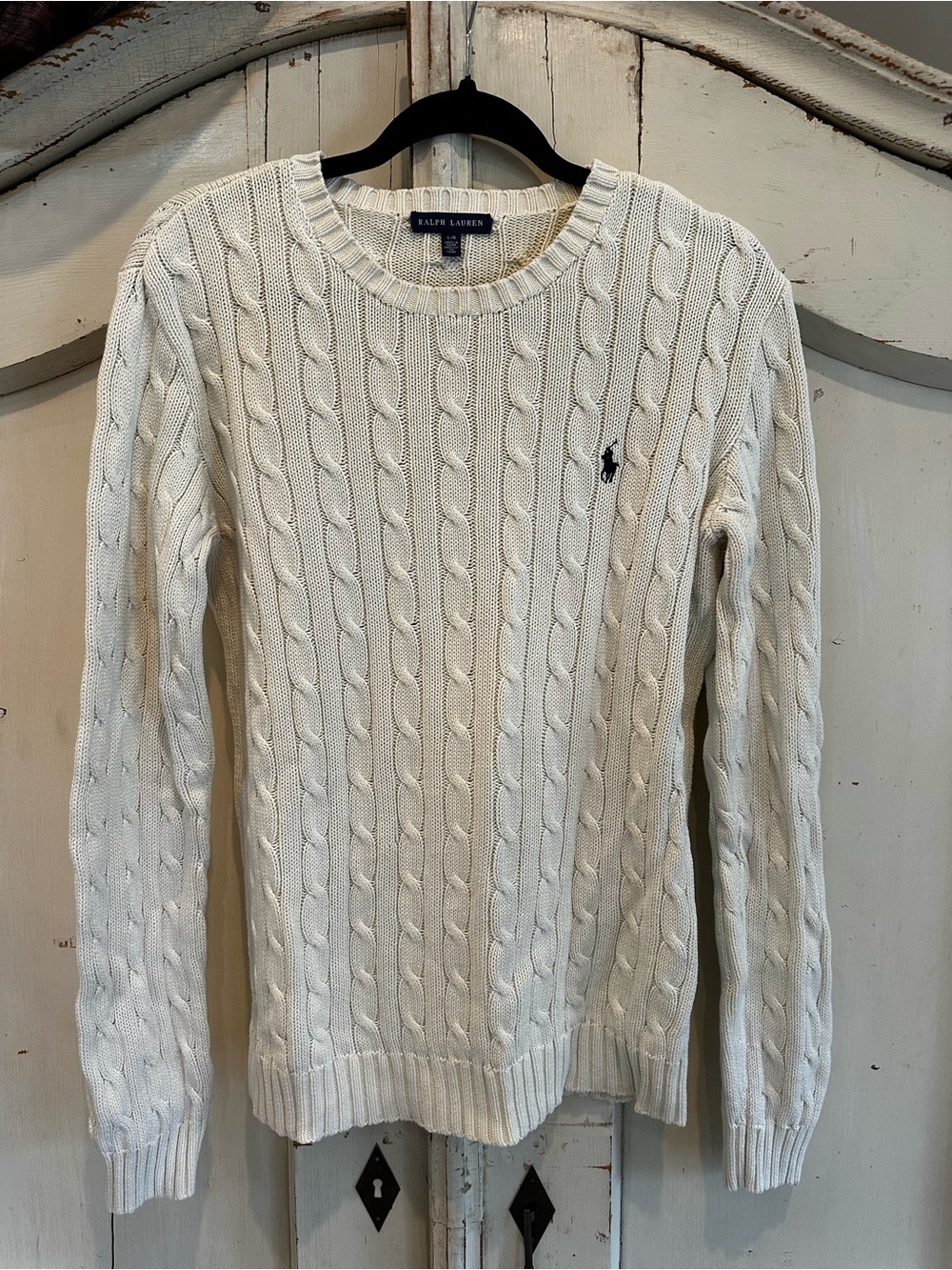 Ralph Lauren White Cable-Knit Crewneck Sweater